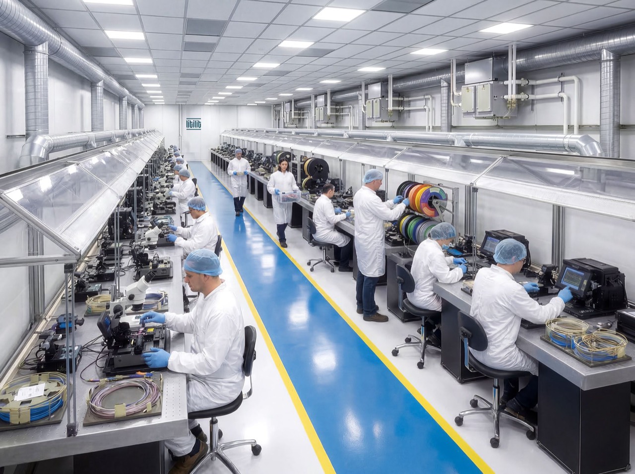 Technicians in cleanroom suits assembling fibre components at workbenches along a blue-floored hall