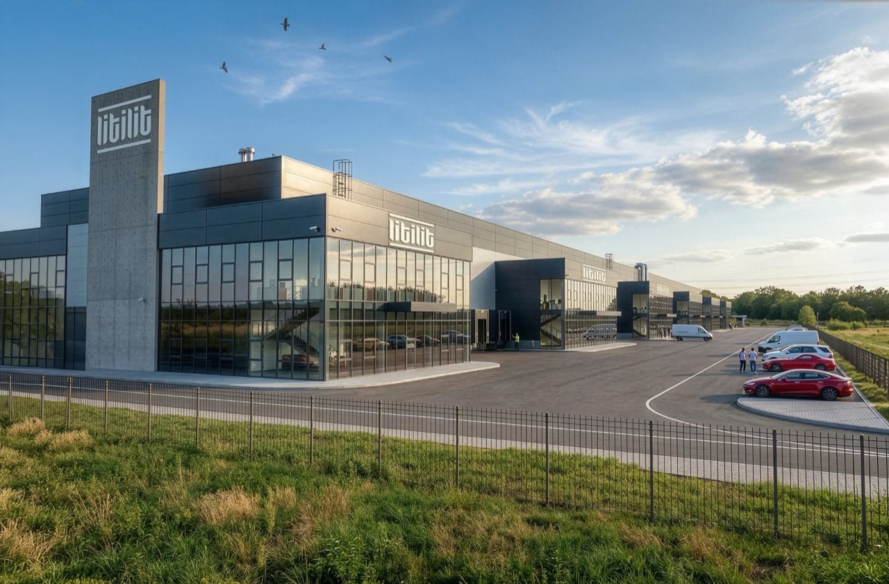 The LITILIT plant in Vilnius: a long dark building with glass frontage and the LITILIT logo on a tower