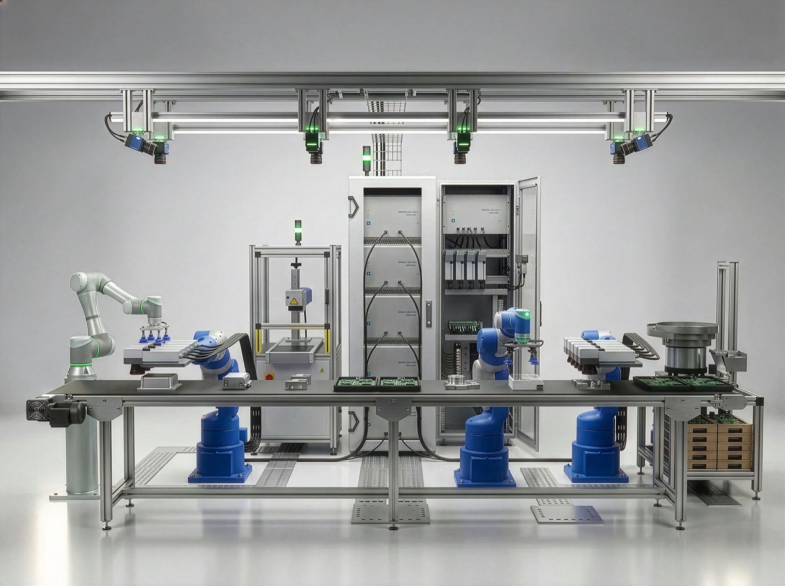 A production line with robot arms and stations along a conveyor, driven by one LITILIT laser cabinet